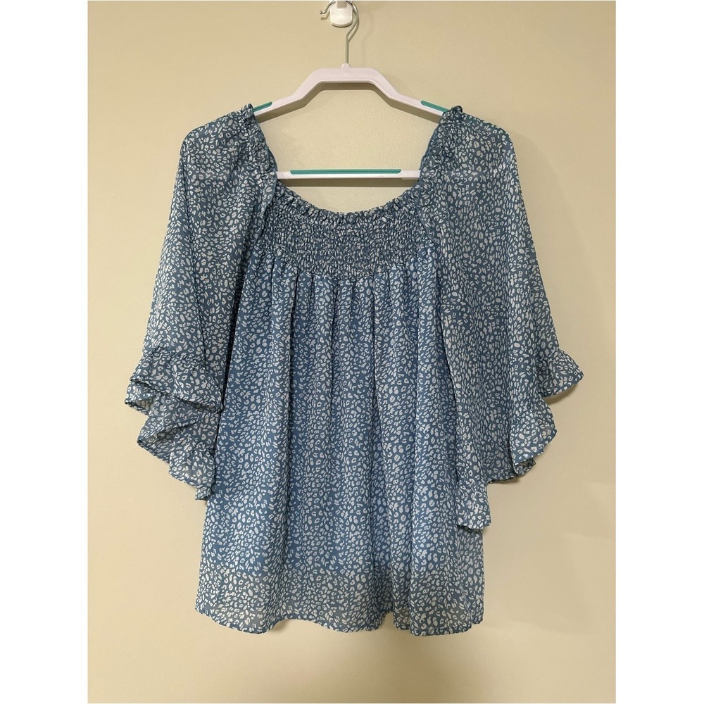 Boho Cottagecore L Love Blouse Large Blue Smocked Flutter Sleeve LV7633